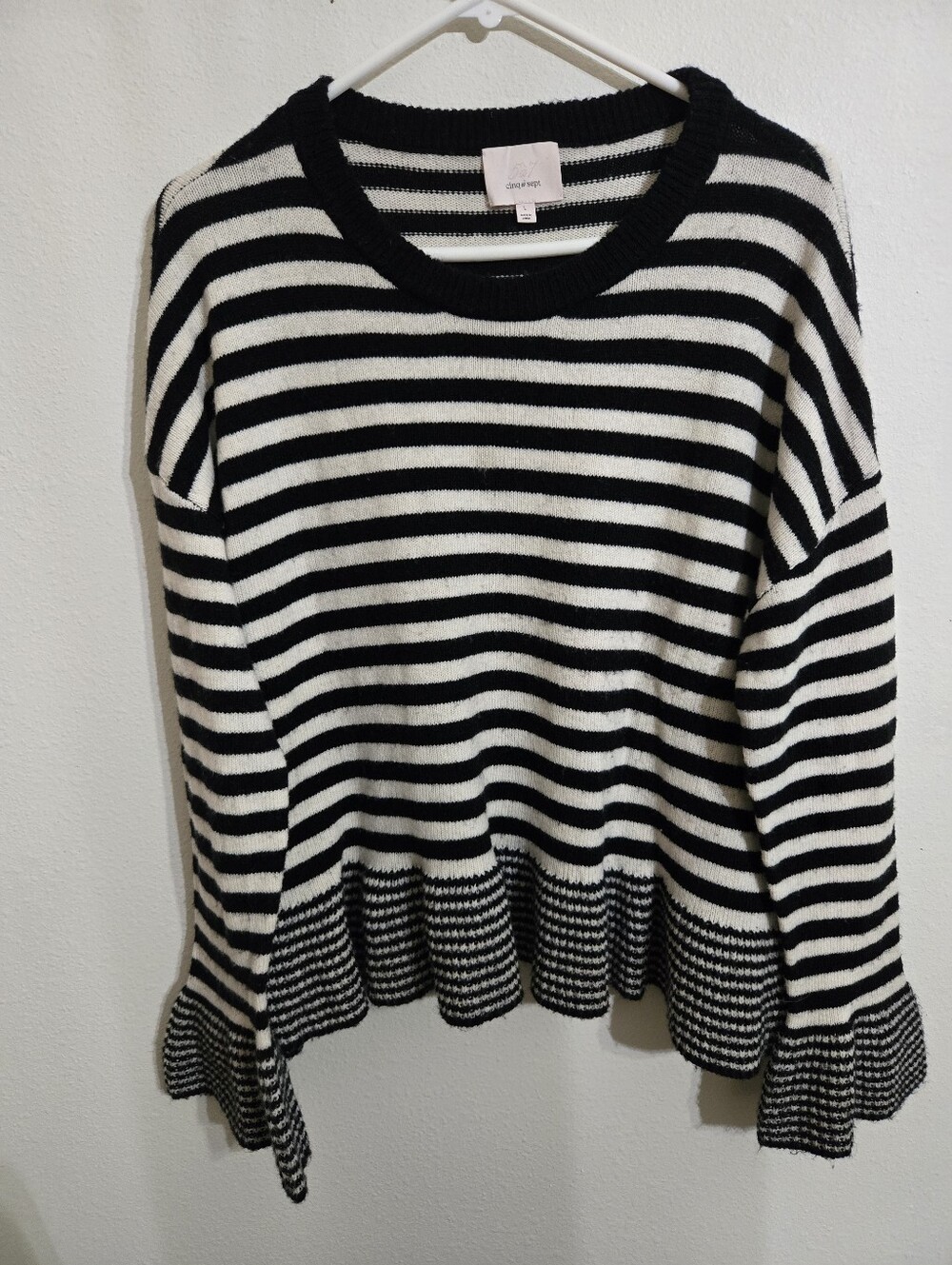cinq a sept Black & White Striped Ruffle-Hem Crewneck Sweater